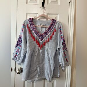 Chicos Embroidered boho beaded Tassel Top XL (3)